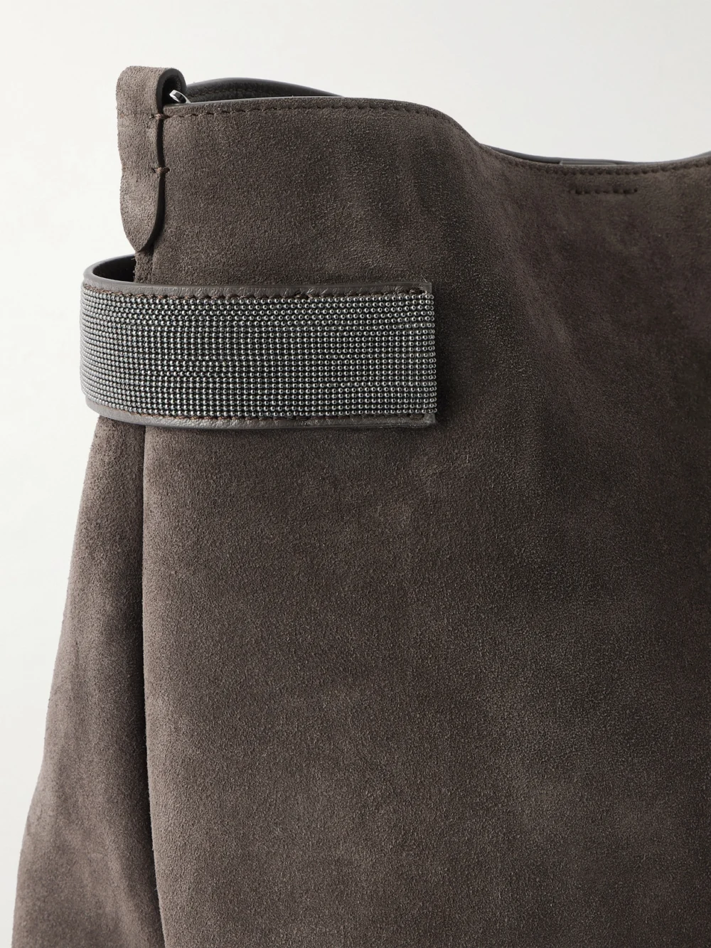 Close-up detail of the Brunello Cucinelli Bead-embellished Suede Shoulder Bag