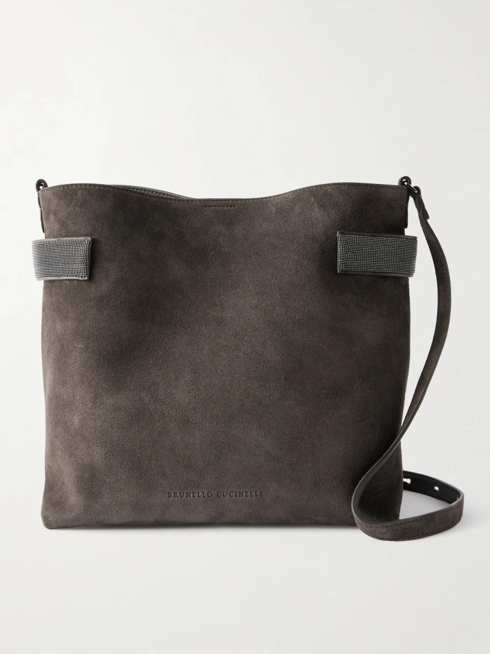 Brunello Cucinelli Bead-embellished Suede Shoulder Bag in dark brown
