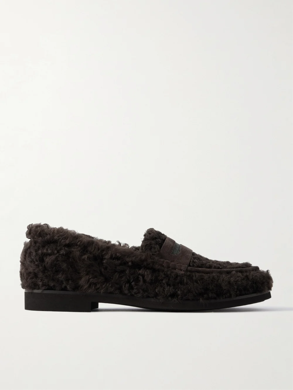 Brunello Cucinelli Bead-embellished Suede-trimmed Shearling Loafers in brown