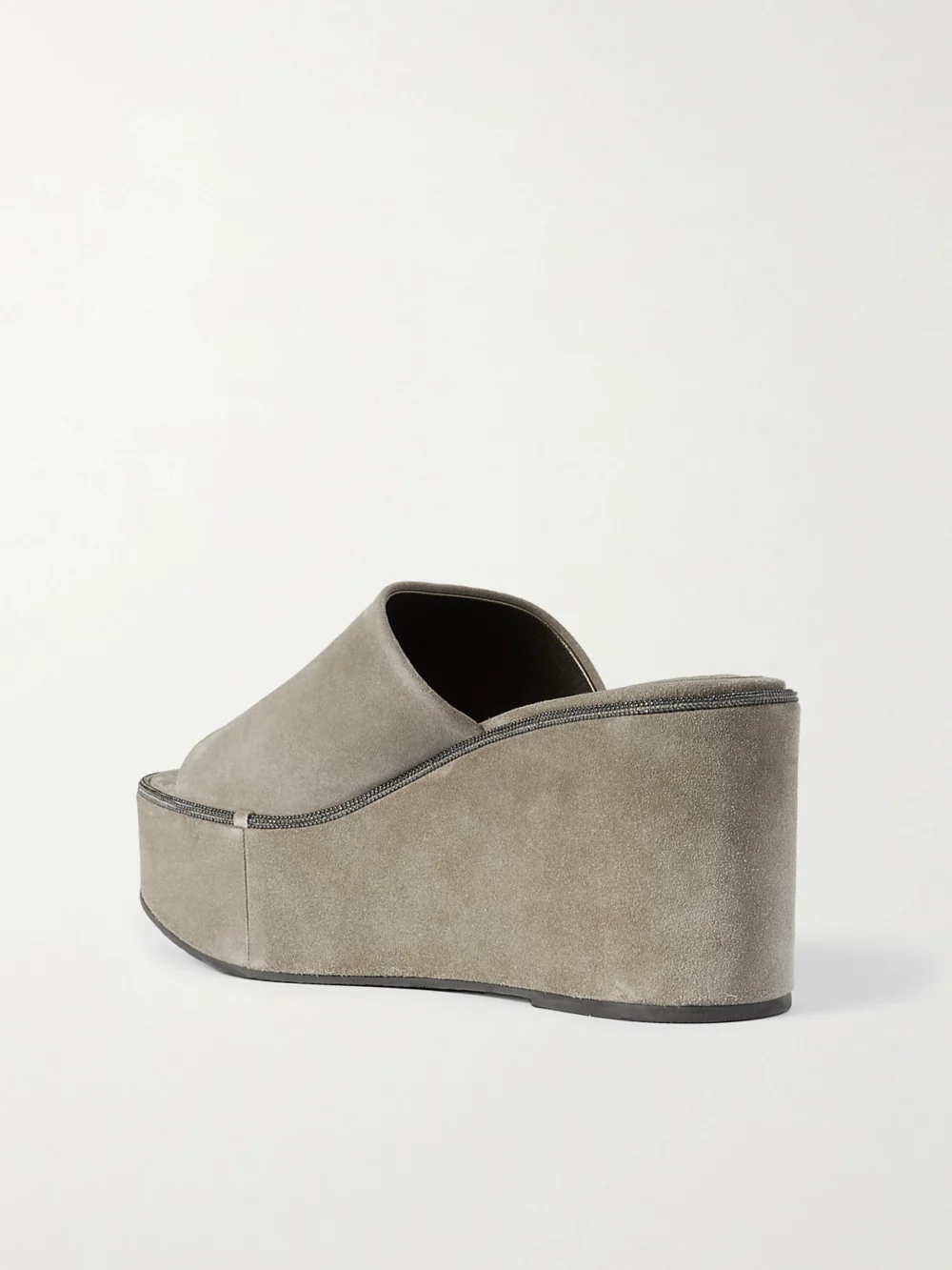 Back view of the Brunello Cucinelli Bead-embellished Suede Wedge Mules