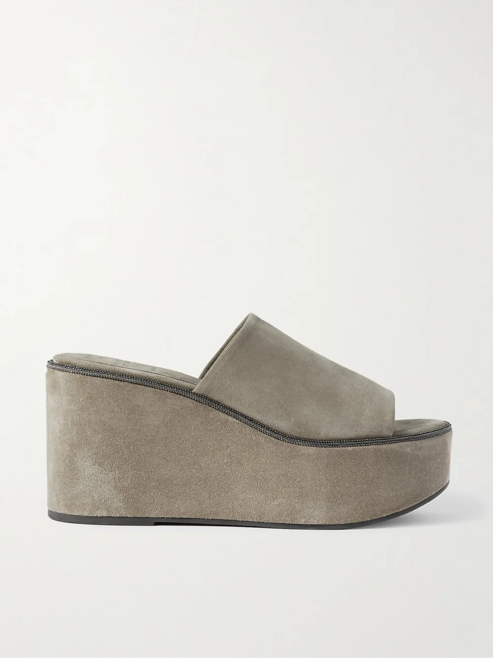 Brunello Cucinelli Bead-embellished Suede Wedge Mules in gray