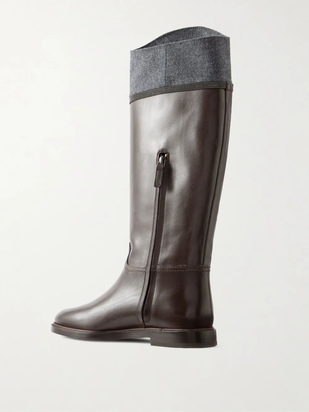 Back view of the Brunello Cucinelli Bead-embellished Wool-trimmed Leather Mid Calf Boots