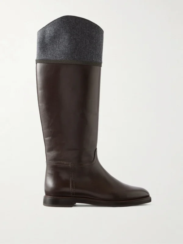 Brunello Cucinelli Bead-embellished Wool-trimmed Leather Mid Calf Boots