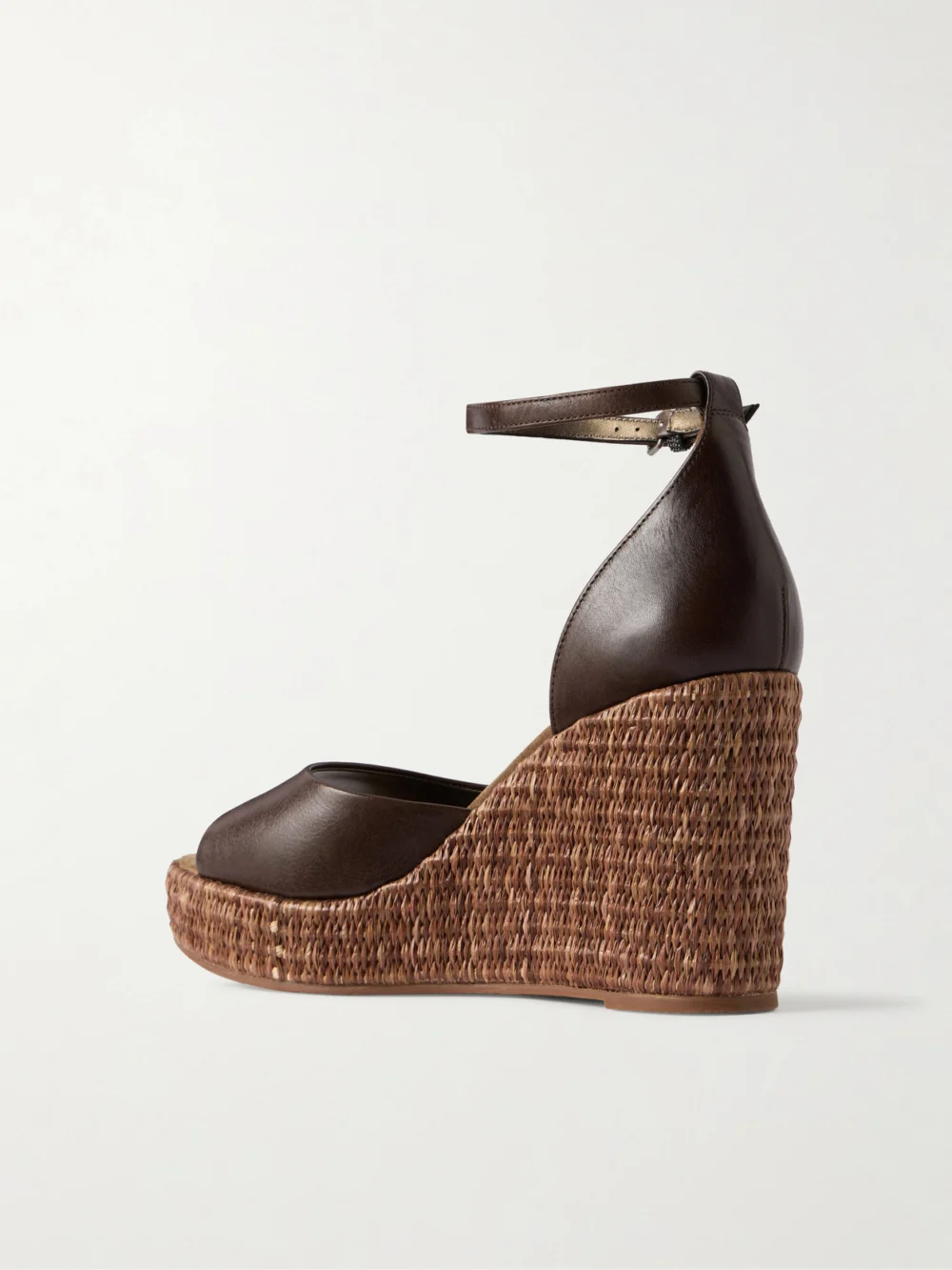 Back view of the Brunello Cucinelli Embellished Leather Platform Wedge Espadrille Sandals