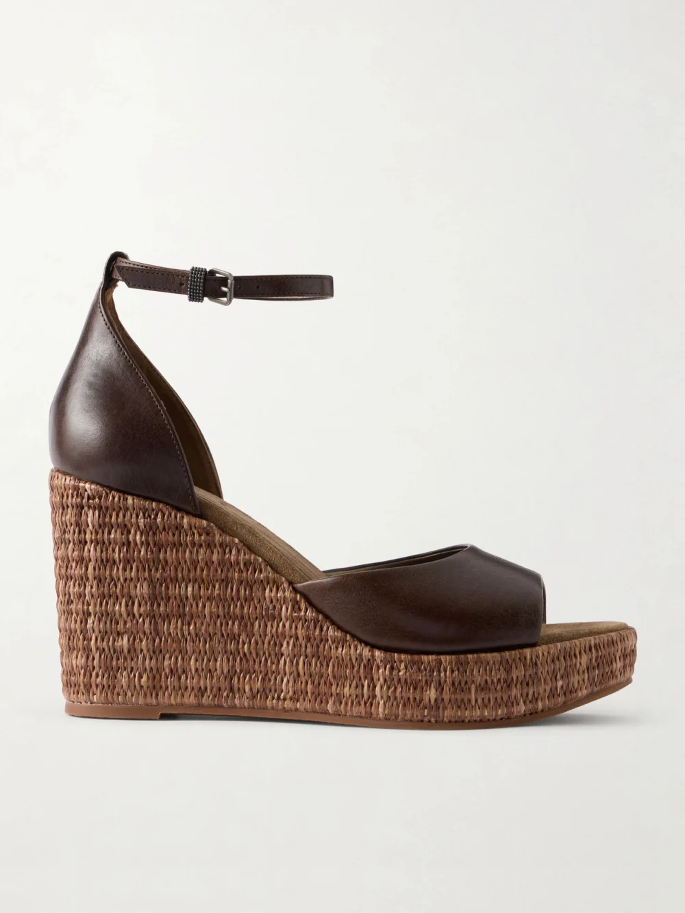 Brunello Cucinelli Embellished Leather Platform Wedge Espadrille Sandals in chocolate