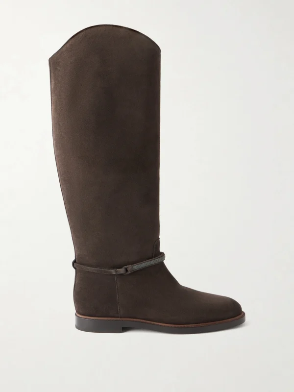 Brunello Cucinelli Embellished Suede Knee Boots