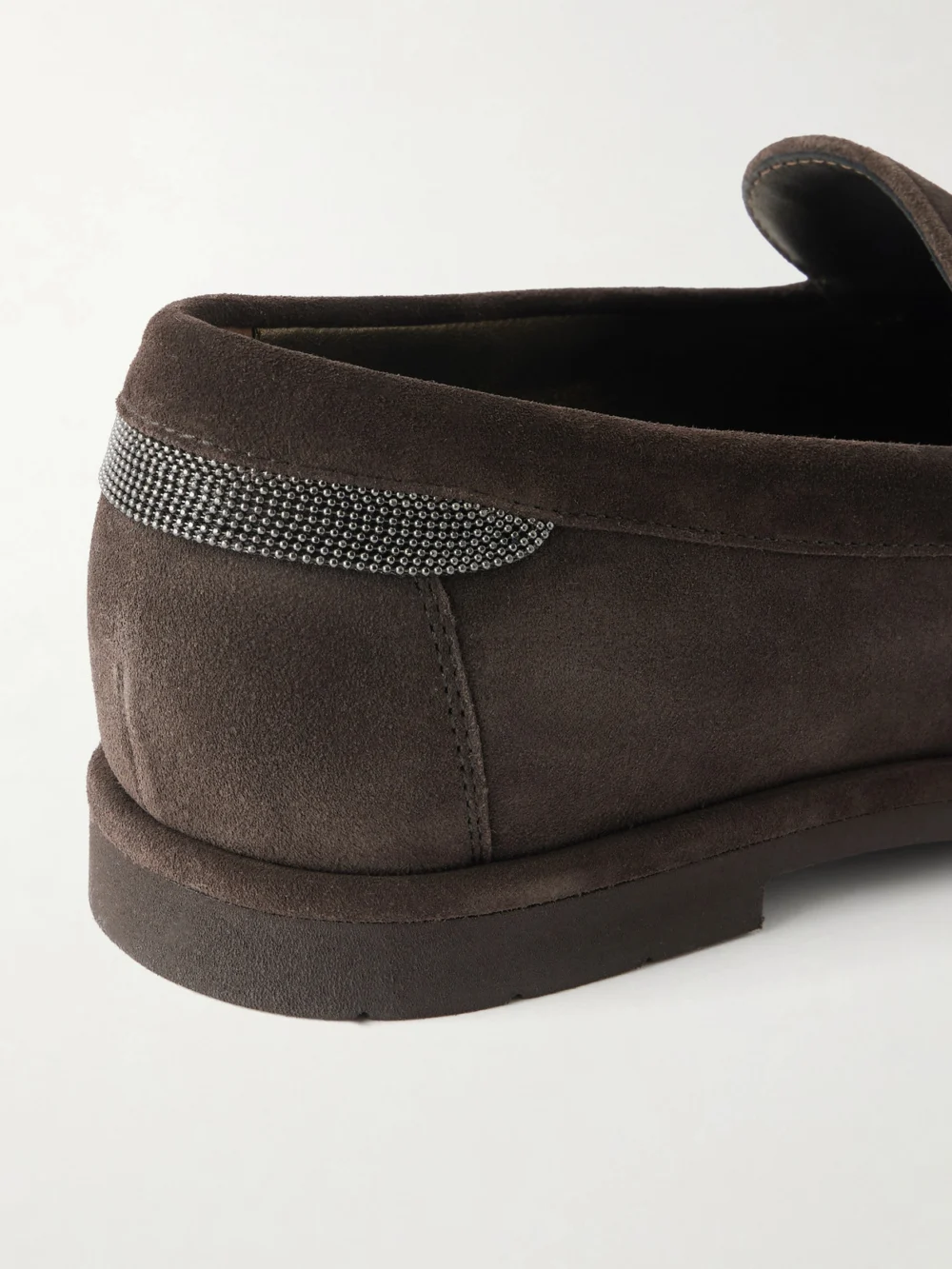 Close-up detail of the Brunello Cucinelli Embellished Suede Loafers