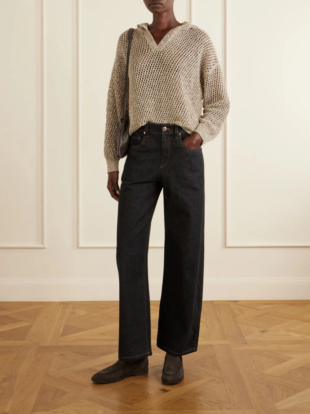 Brunello Cucinelli Embellished Suede Loafers, styled view