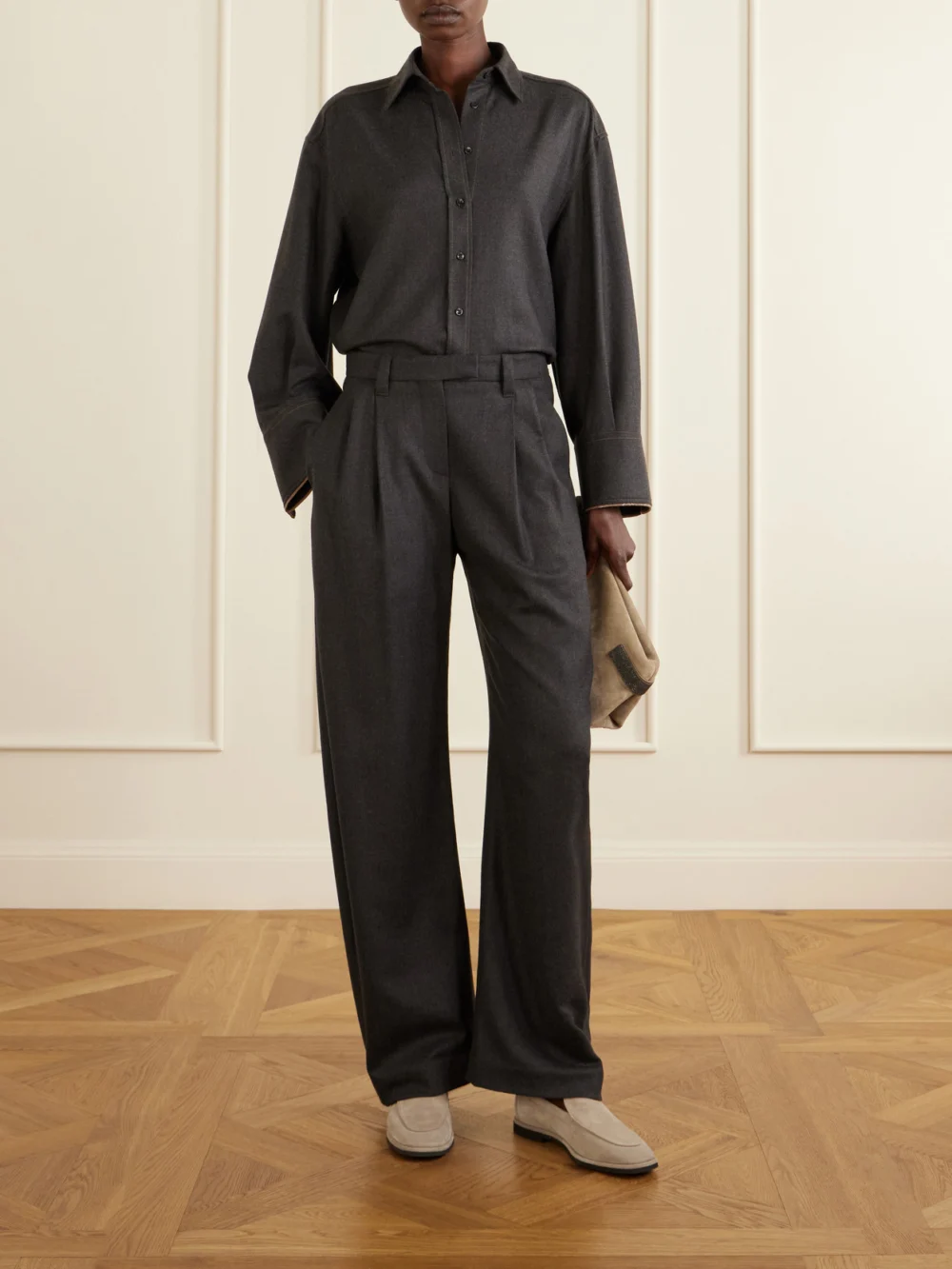Brunello Cucinelli Embellished Suede Loafers, styled view