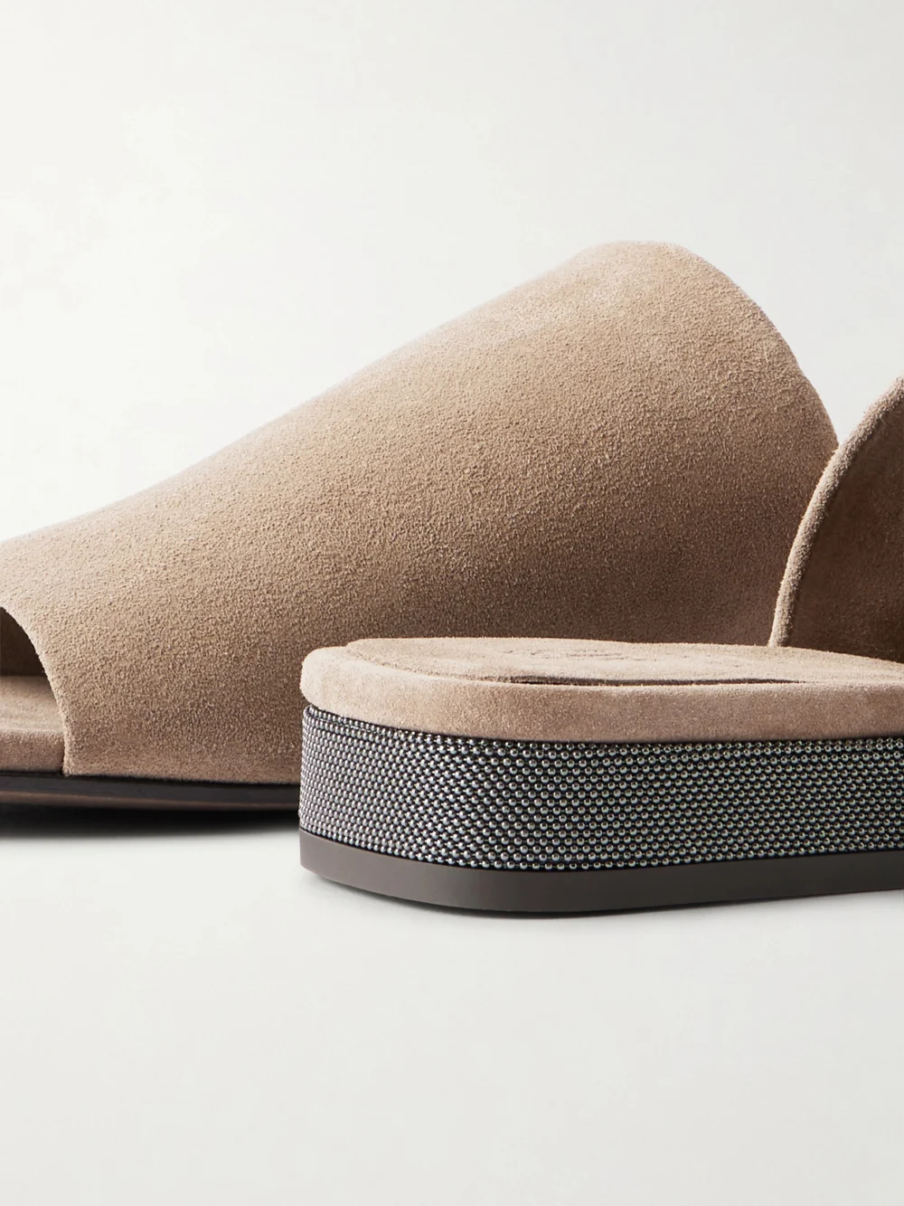 Close-up detail of the Brunello Cucinelli Embellished Suede Sandals