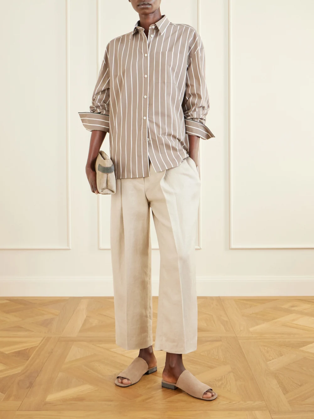 Brunello Cucinelli Embellished Suede Sandals, styled view