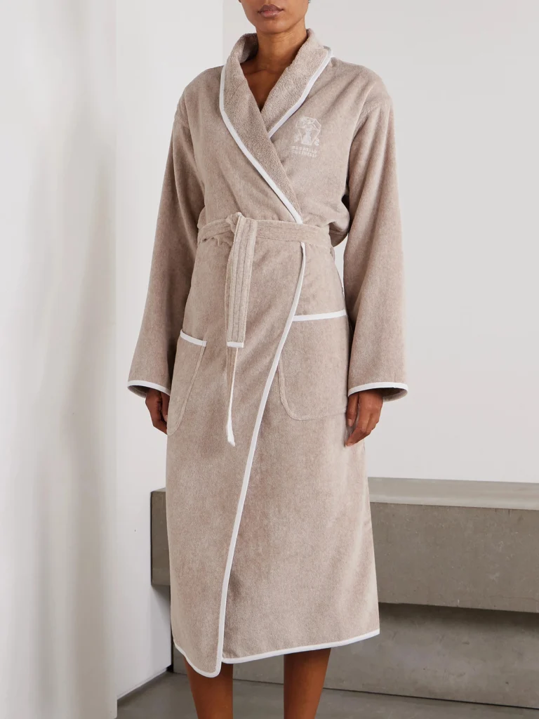 Brunello Cucinelli Embroidered Linen-trimmed Cotton-terry Robe
