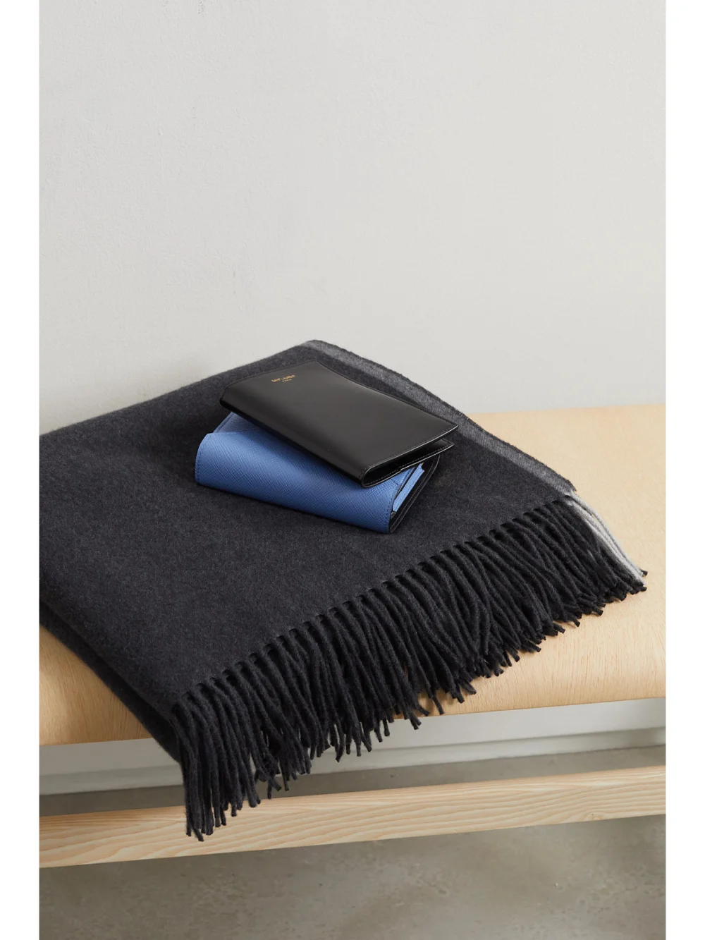 Brunello Cucinelli Fringed Two-tone Cashmere Travel Blanket, styled view