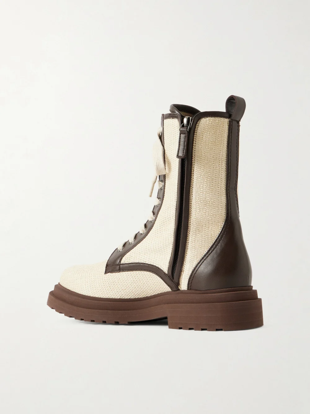 Back view of the Brunello Cucinelli Lace-up Leather-trimmed Raffia Boots