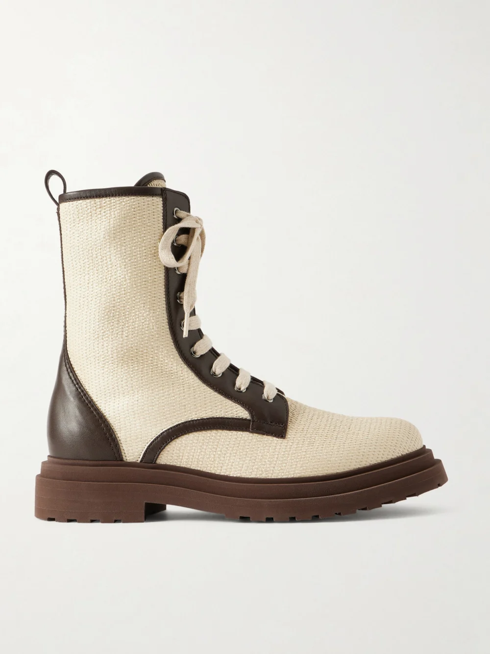 Brunello Cucinelli Lace-up Leather-trimmed Raffia Boots in neutral
