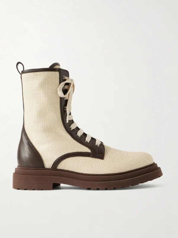 Brunello Cucinelli Lace-up Leather-trimmed Raffia Boots