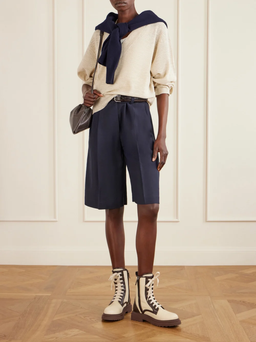 Brunello Cucinelli Lace-up Leather-trimmed Raffia Boots, styled view