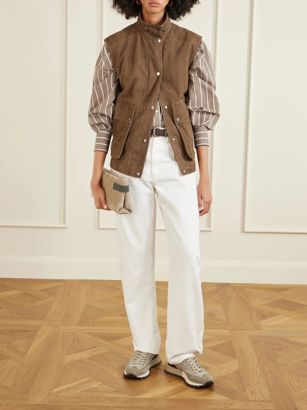 Brunello Cucinelli Leather and Suede-trimmed Shell Sneakers, styled view