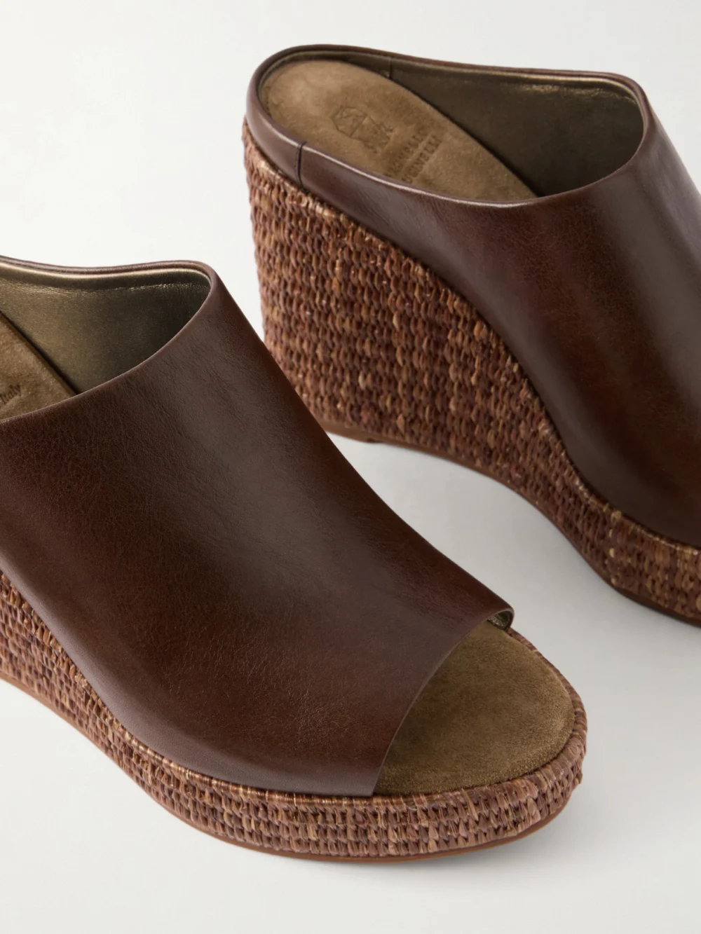 Close-up detail of the Brunello Cucinelli Leather Platform Wedge Espadrille Sandals