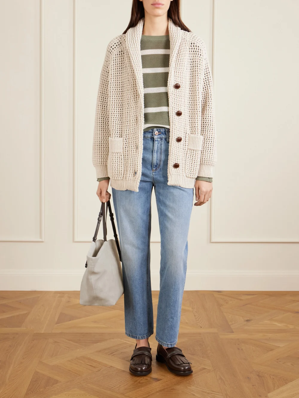 Brunello Cucinelli Leather-trimmed Suede Tote, styled view