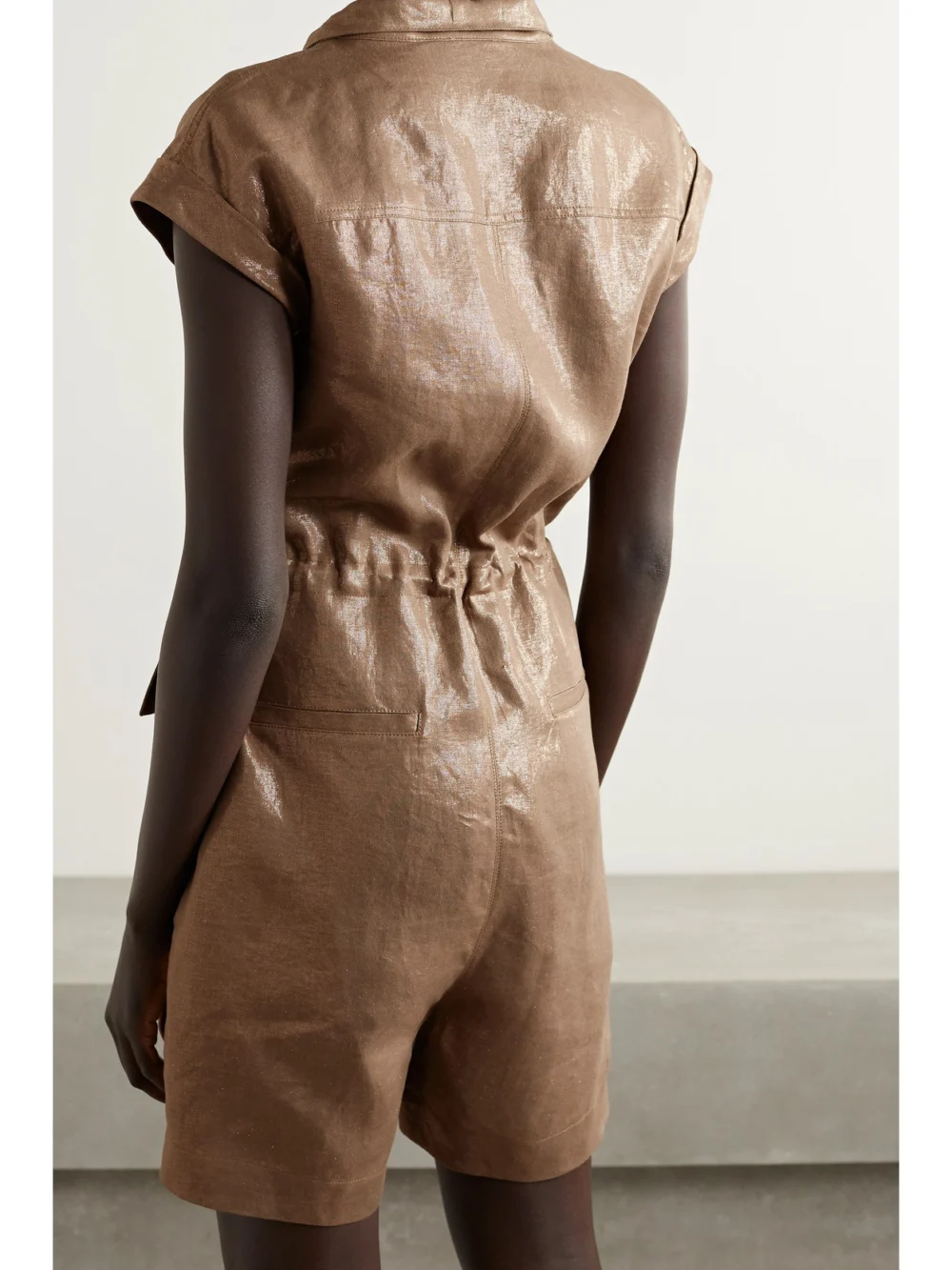 Back view of the Brunello Cucinelli Metallic Linen-twill Playsuit