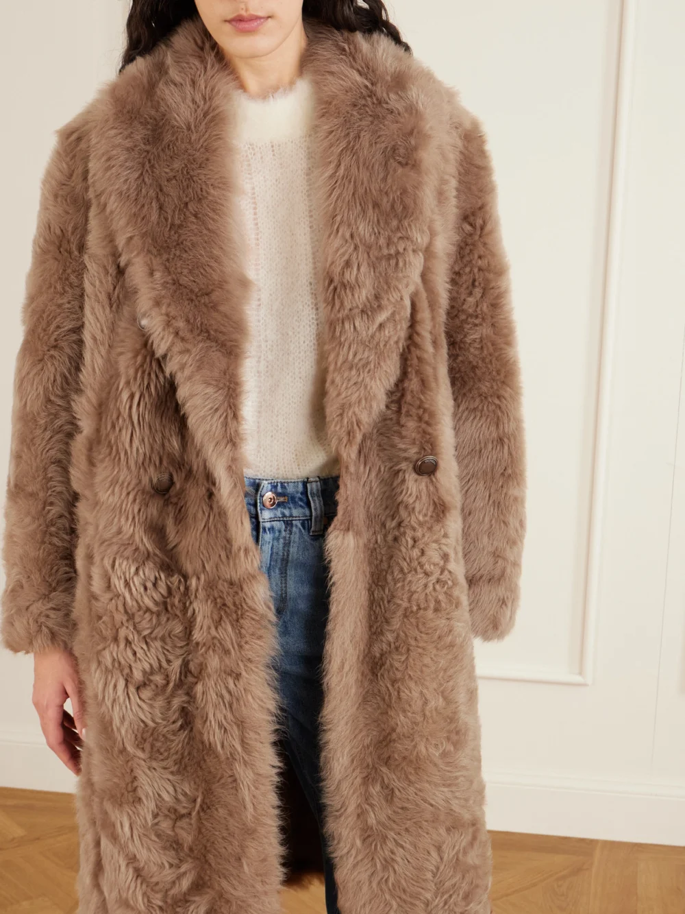 Brunello Cucinelli Oversized Shearling Double-breasted Coat, styled view