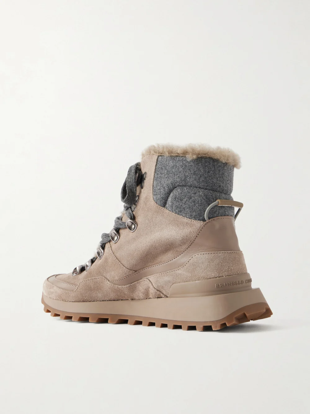 Back view of the Brunello Cucinelli Shearling-lined Wool-trimmed Suede Ankle Boots