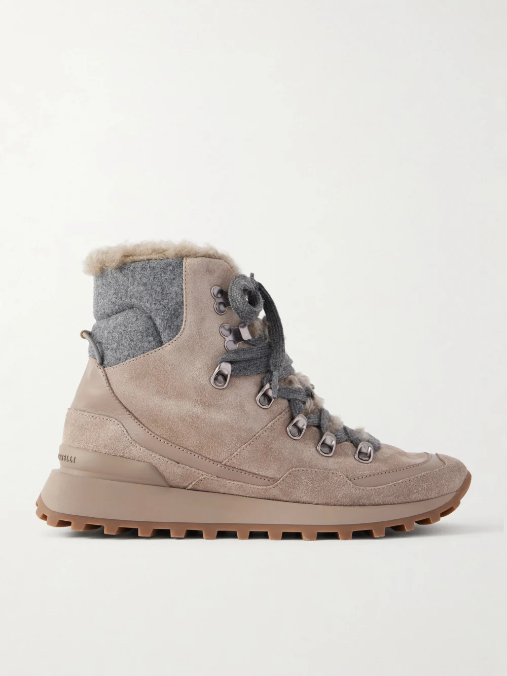 Brunello Cucinelli Shearling-lined Wool-trimmed Suede Ankle Boots in taupe