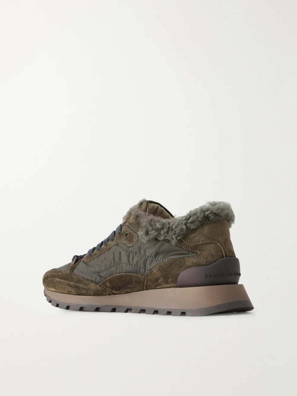 Back view of the Brunello Cucinelli Shearling-trimmed Shell and Suede Sneakers