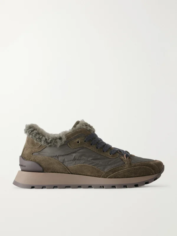 Brunello Cucinelli Shearling-trimmed Shell and Suede Sneakers