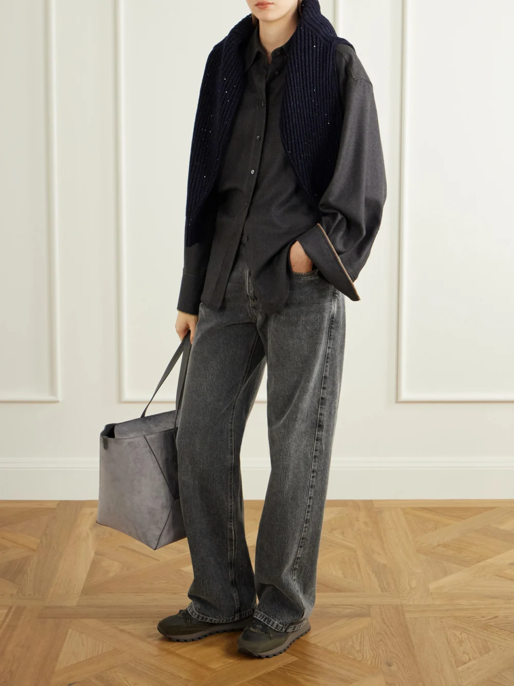 Brunello Cucinelli Shearling-trimmed Shell and Suede Sneakers, styled view