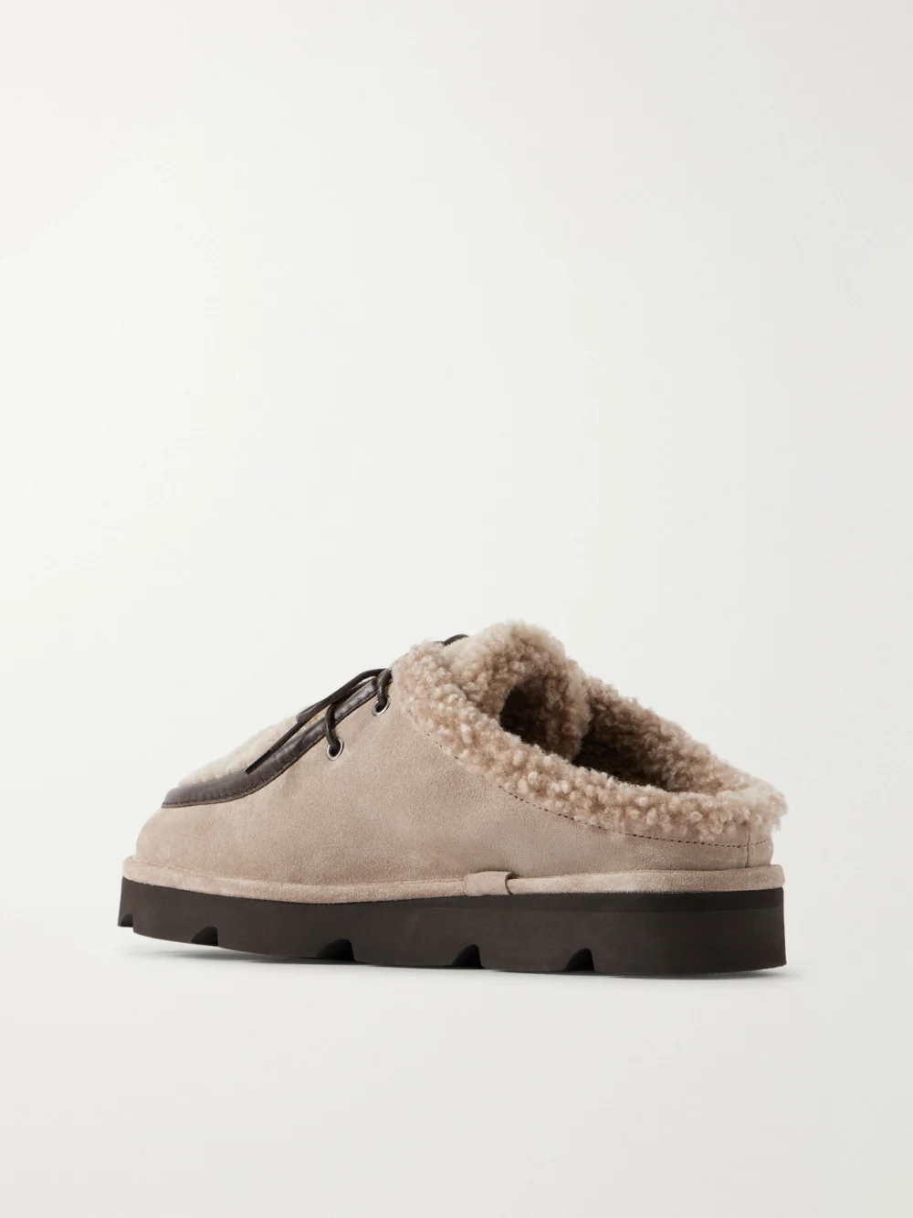 Back view of the Brunello Cucinelli Shearling-trimmed Suede Clogs