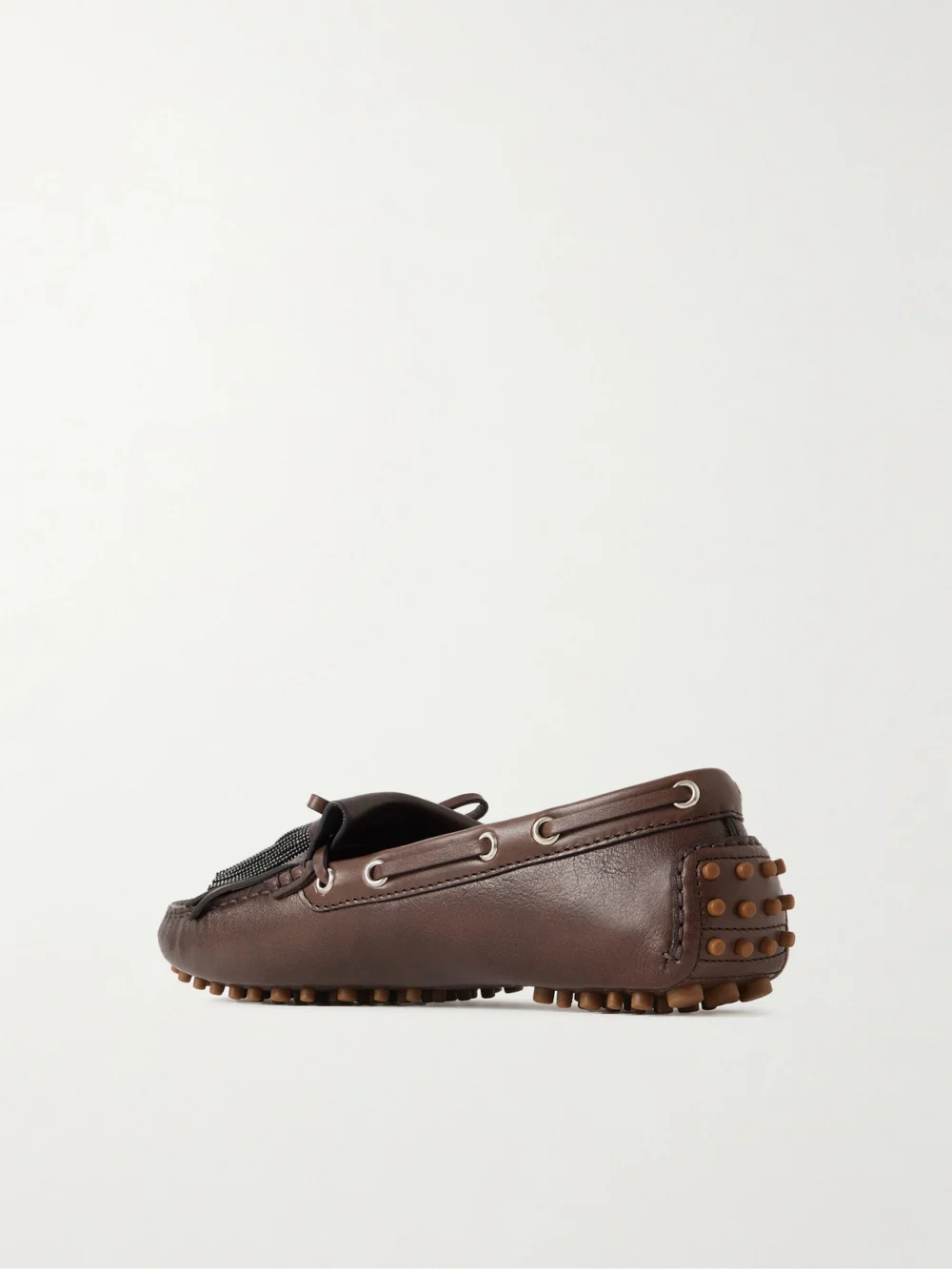 Back view of the Brunello Cucinelli Tasseled Fringed Bead-embellished Leather Loafers