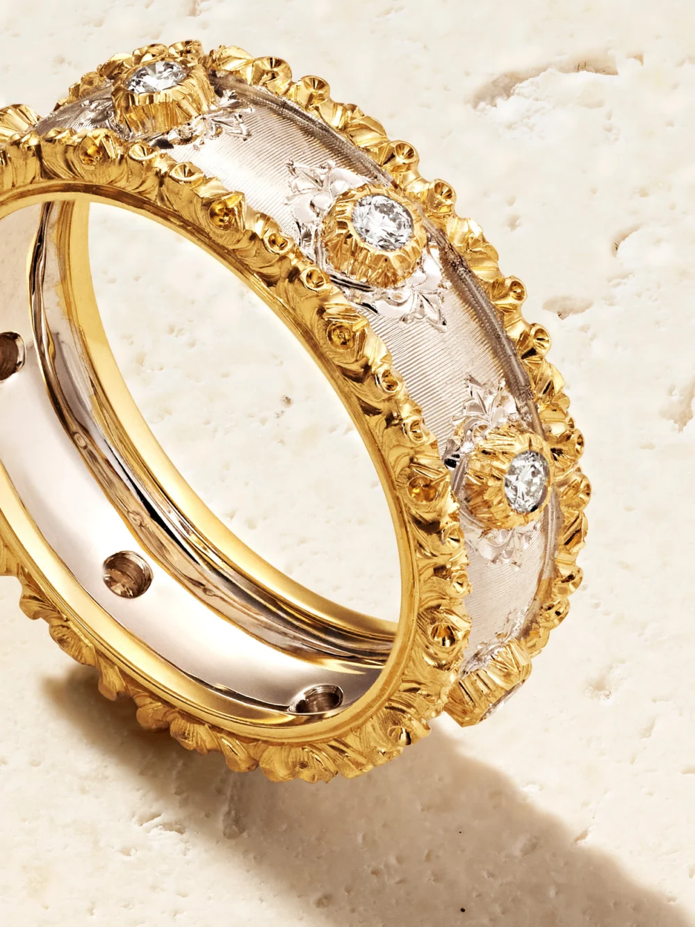 Close-up detail of the Buccellati Capri Eternelle 18-karat Yellow and White Gold Diamond Ring