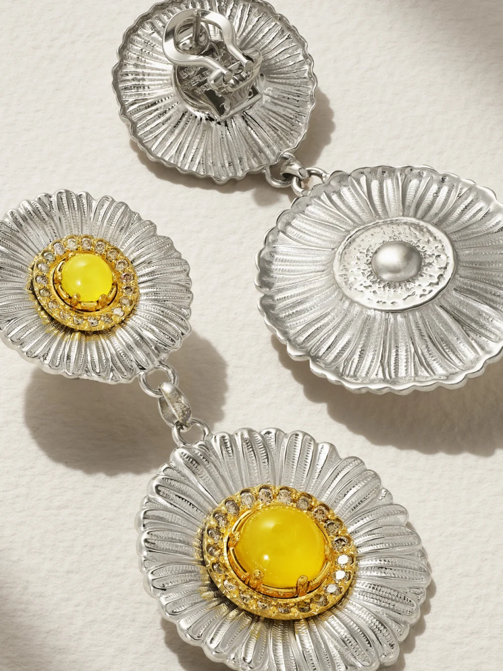 Close-up detail of the Buccellati Daisy Gold-plated Sterling Silver, Agate and Diamond Earrings
