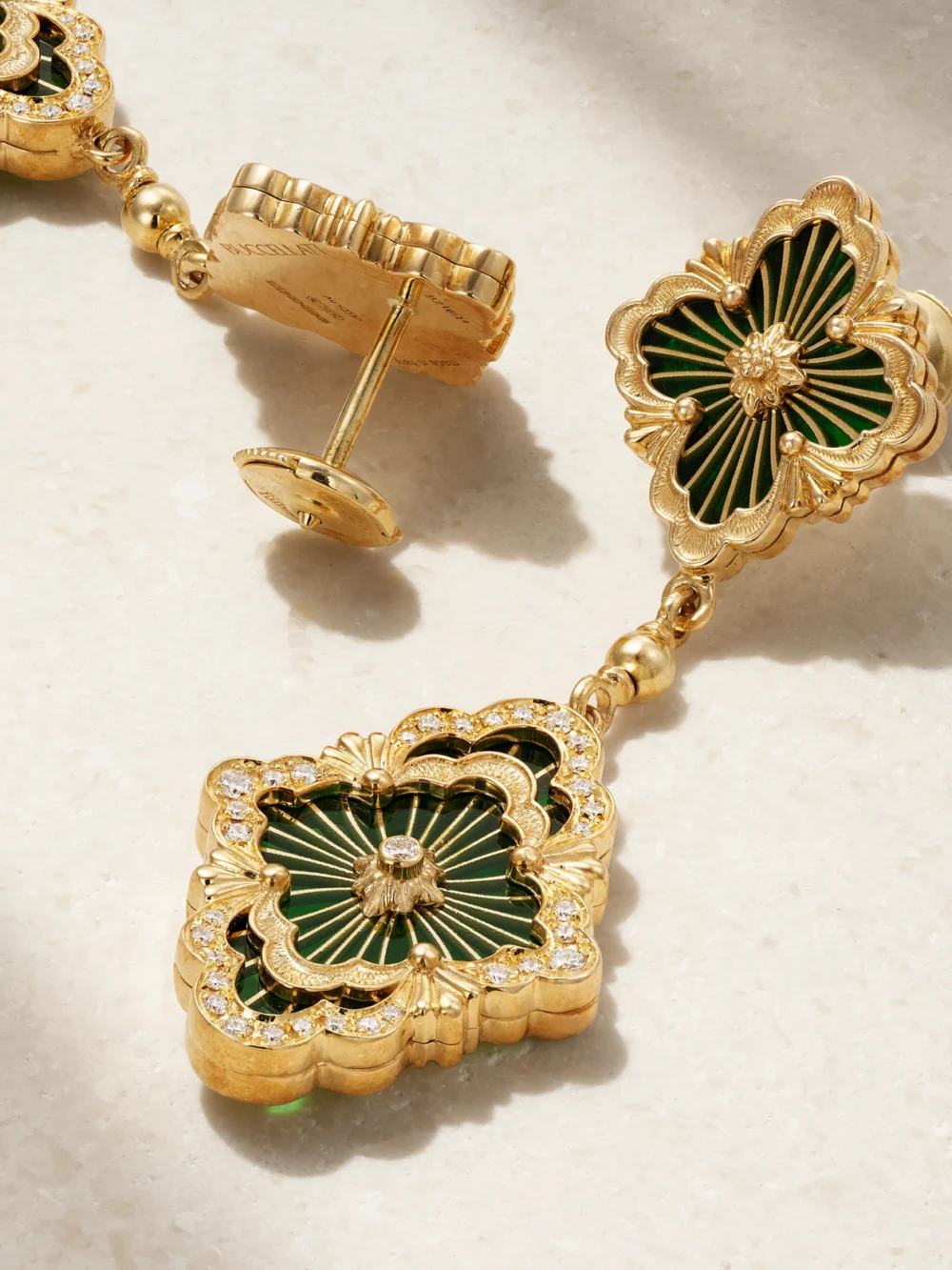 Close-up detail of the Buccellati Opera Tulle 18-karat Gold, Enamel and Diamond Earrings