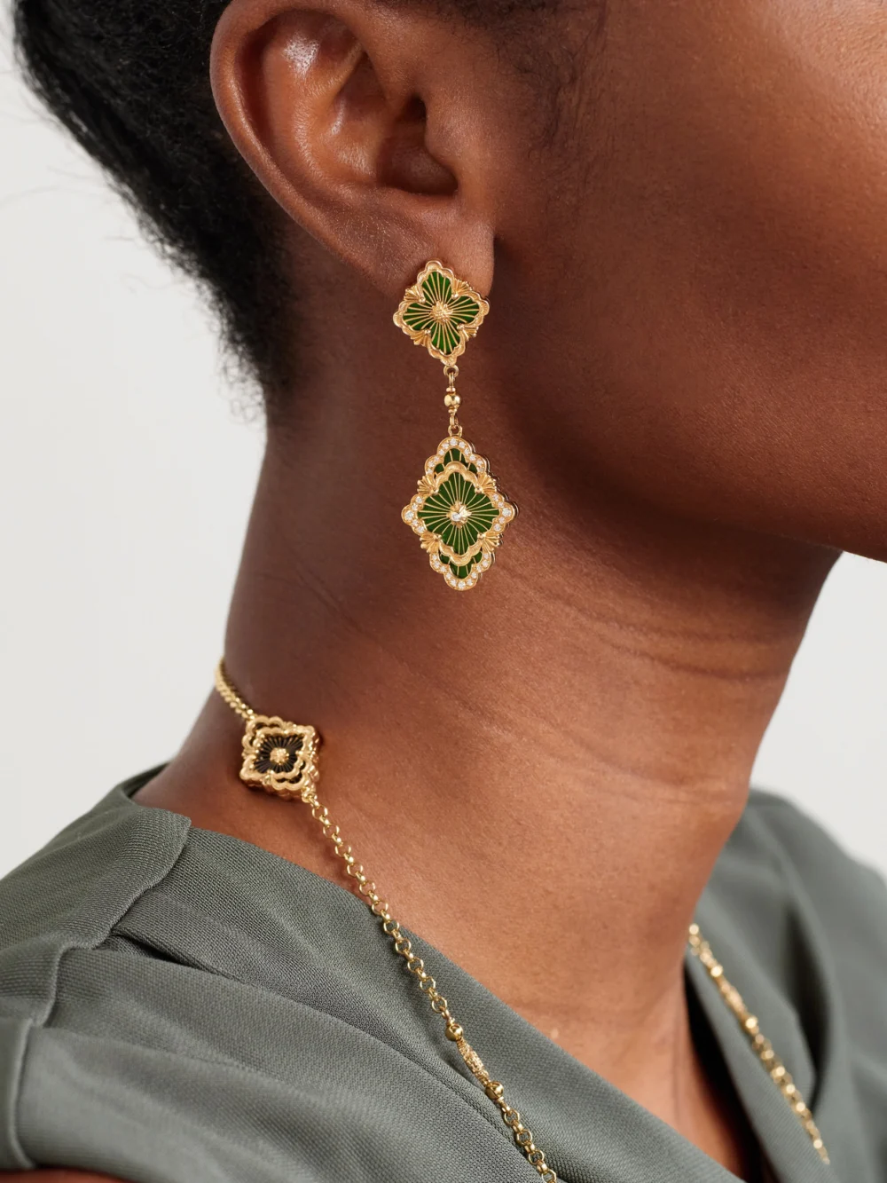 Buccellati Opera Tulle 18-karat Gold, Enamel and Diamond Earrings, styled view
