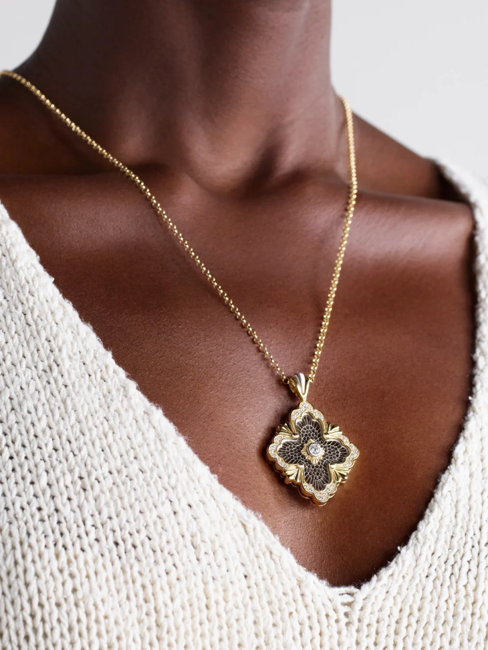 Buccellati Opera Tulle 18-karat White and Yellow Gold Diamond Necklace, styled view