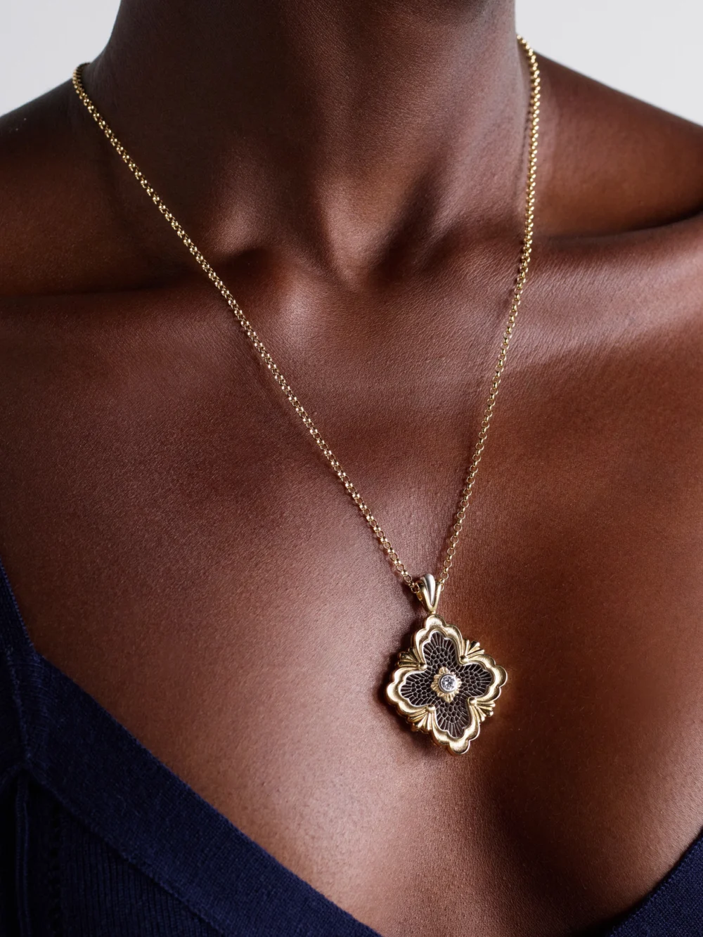 Buccellati Opera Tulle 18-karat Yellow and White Gold Diamond Necklace, styled view