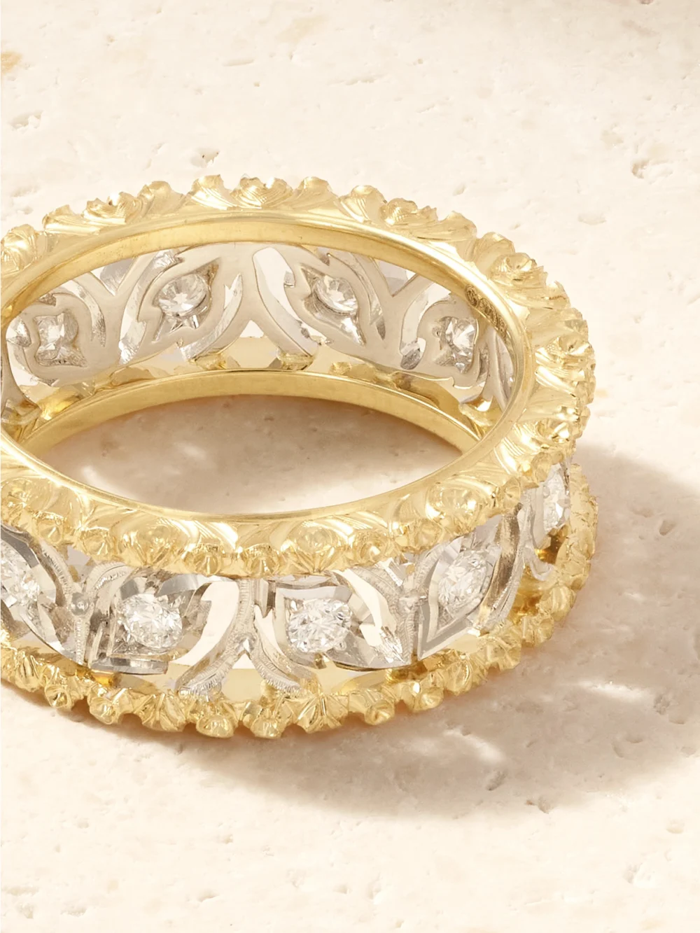 Close-up detail of the Buccellati Ramage Eternelle 18-karat Yellow and White Gold Diamond Ring