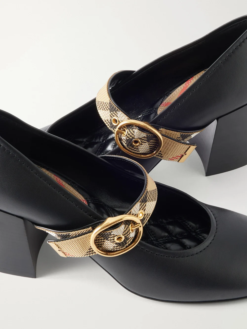 Close-up detail of the Burberry 65 Checked Leather Mary Jane Pumps