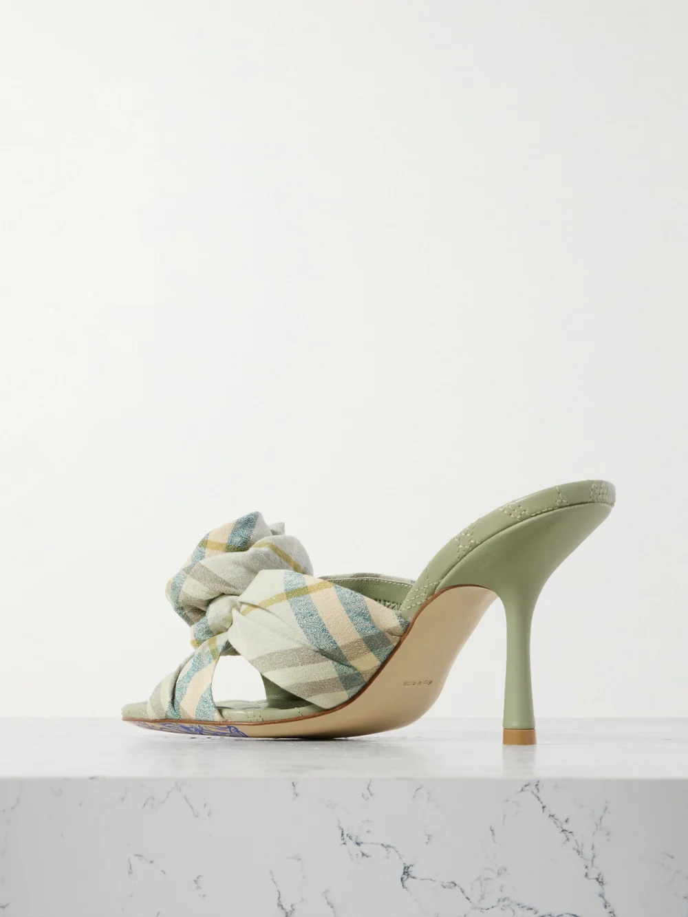 Back view of the Burberry Appliquéd Checked Stretch-linen Mules