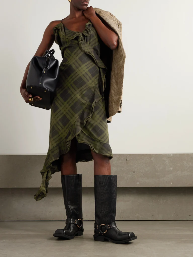 Burberry Asymmetric Ruffled Checked Silk-crepe Dress