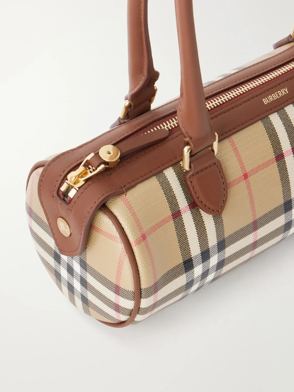 Close-up detail of the Burberry Barrel Mini Checked Coated-canvas Shoulder Bag