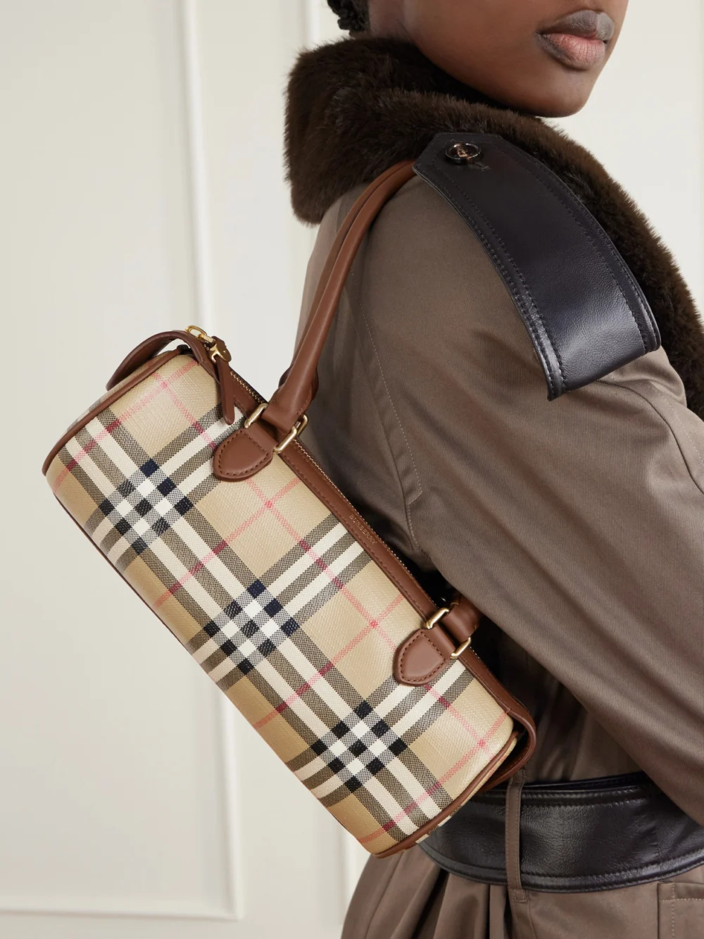 Burberry Barrel Mini Checked Coated-canvas Shoulder Bag, styled view