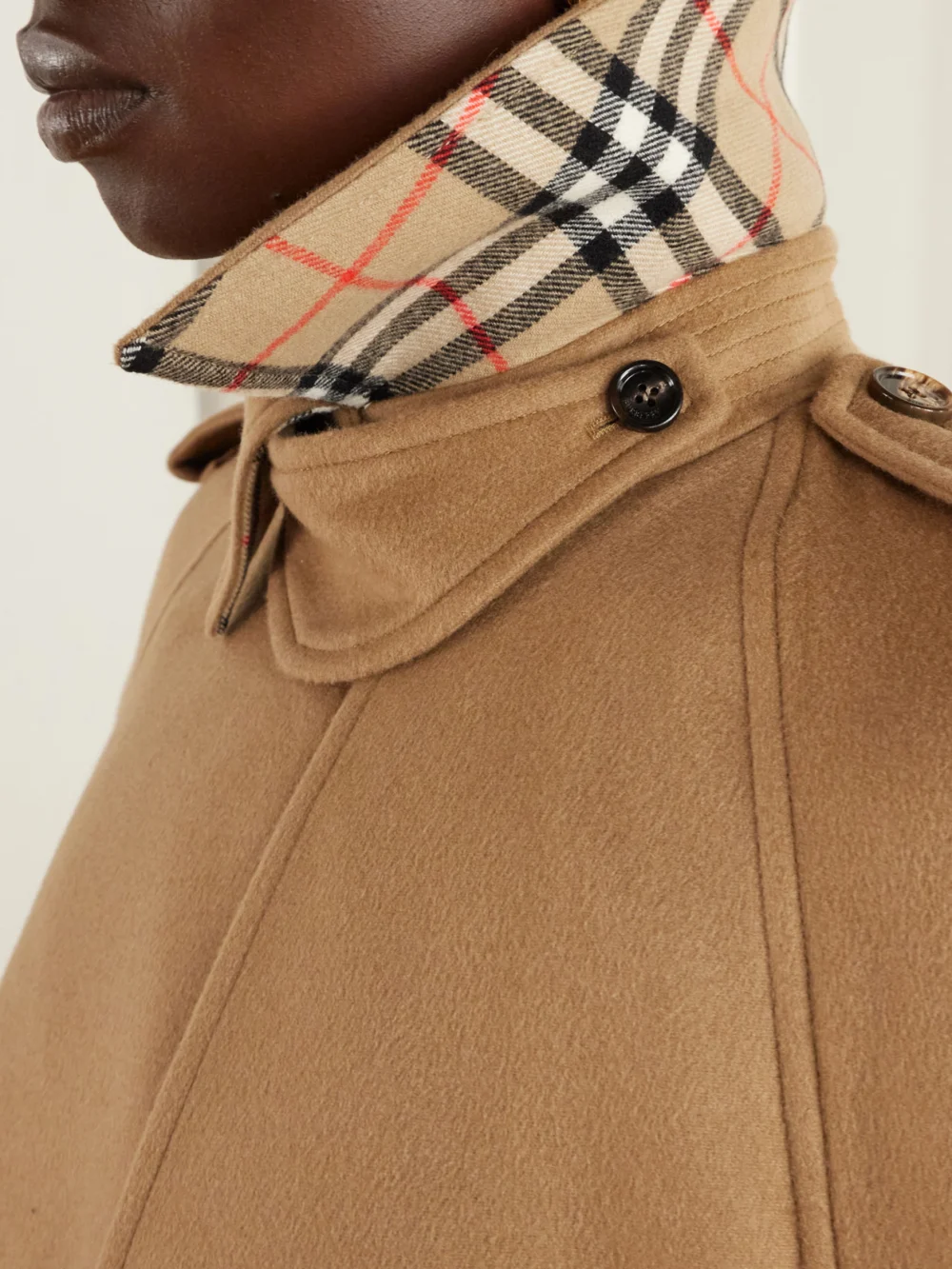 Close-up detail of the Burberry Belmont Belted Cashmere Cape