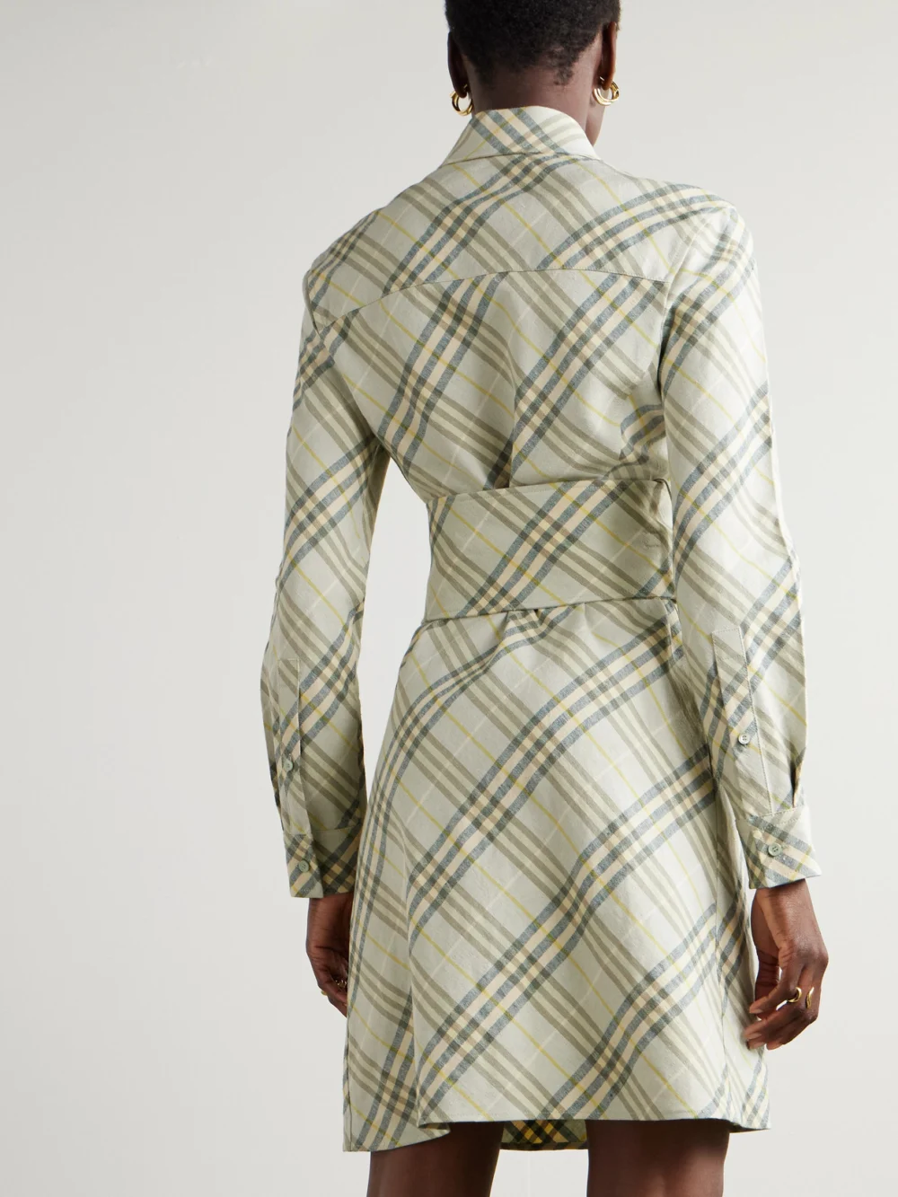 Back view of the Burberry Belted Checked Linen-bend Mini Shirt Dress