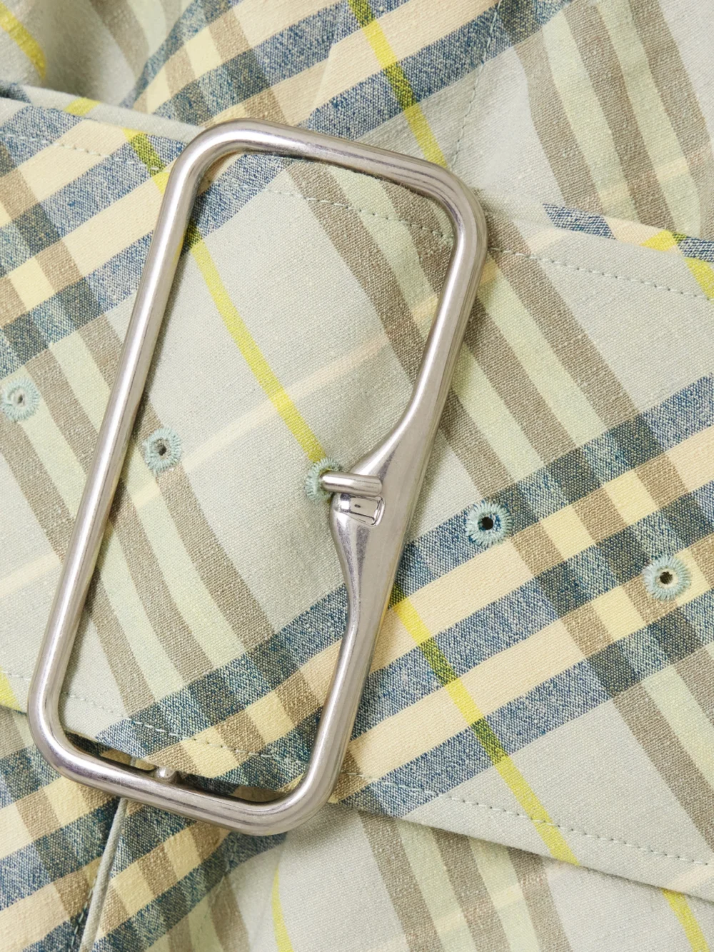 Close-up detail of the Burberry Belted Checked Linen-bend Mini Shirt Dress