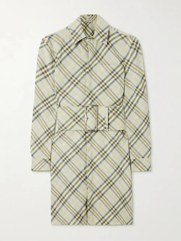 Burberry Belted Checked Linen-bend Mini Shirt Dress