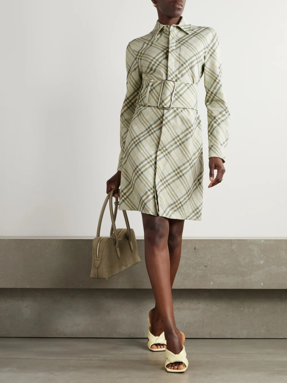 Burberry Belted Checked Linen-bend Mini Shirt Dress, worn by a model
